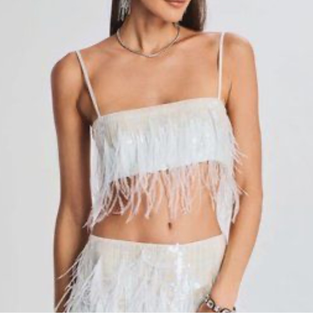 NWT white fringe crop top and matching skirt from White Fox Boutique size XS